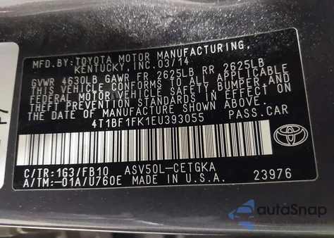 2014 Toyota Camry Xle z USA, uszkodzony, nr VIN 4T1BF1FK1EU393055